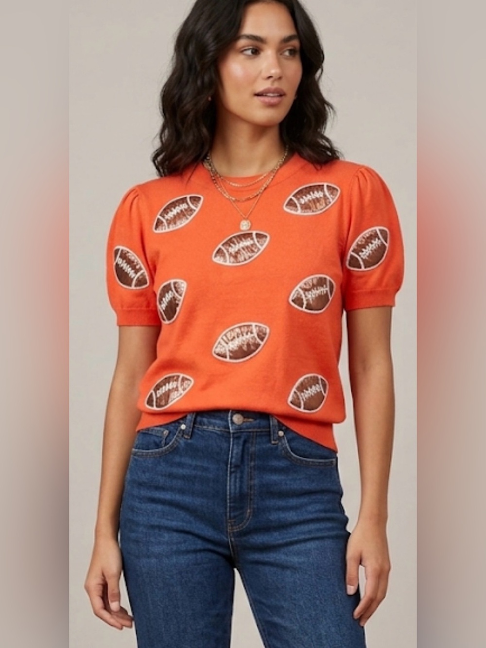 Ring Street Orange Football Motif Sequin Short-Sleeve Knit Top